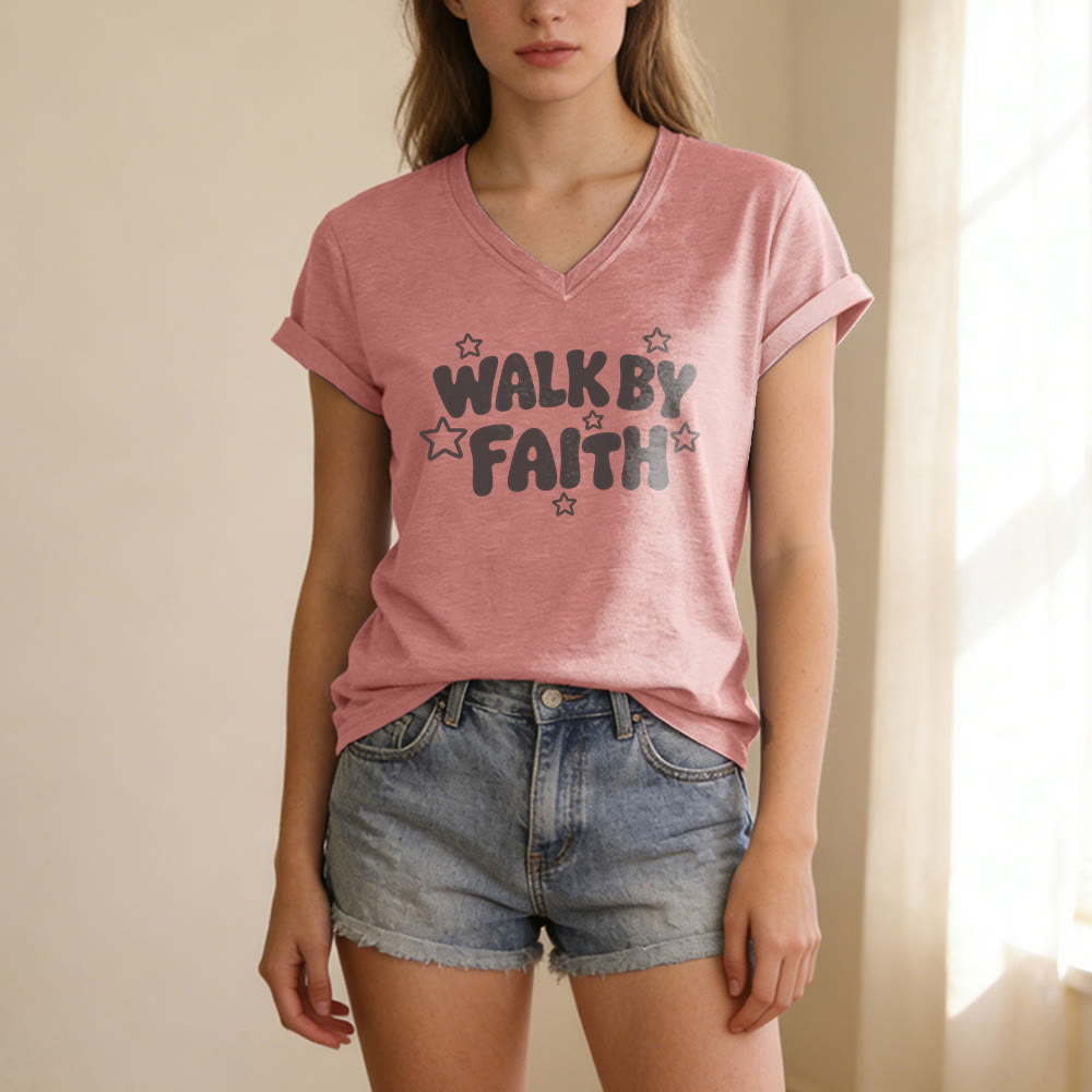 Christianartworkshop Walk By Faith Sternenprint Lässiges V-Ausschnitt-T-Shirt - image 11