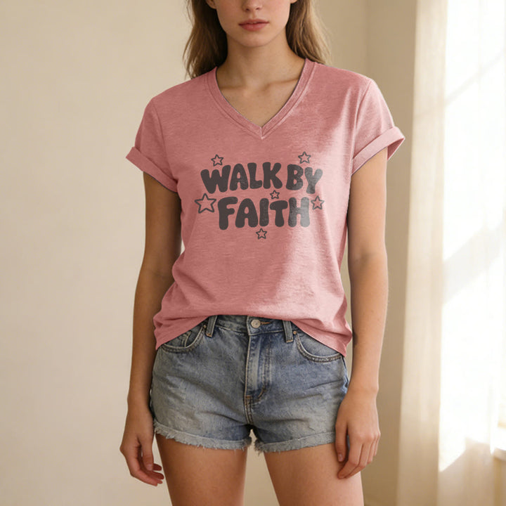 Christianartworkshop Walk By Faith Sternenprint Lässiges V-Ausschnitt-T-Shirt - image 11
