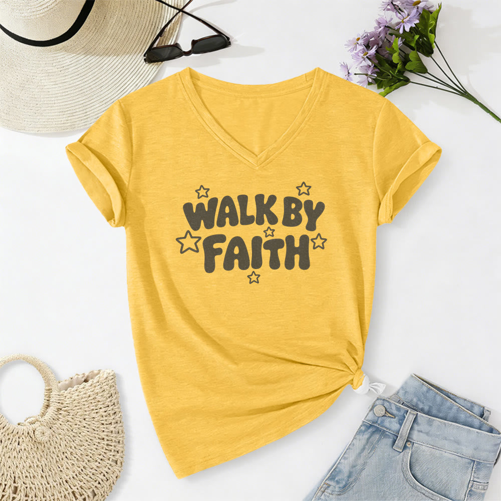Christianartworkshop Walk By Faith Sternenprint Lässiges V-Ausschnitt-T-Shirt - Gelb - 2XL - image 2