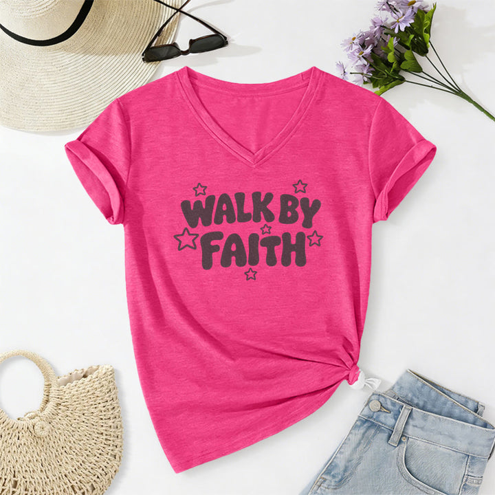 Christianartworkshop Walk By Faith Sternenprint Lässiges V-Ausschnitt-T-Shirt - Rose - 2XL - image 24