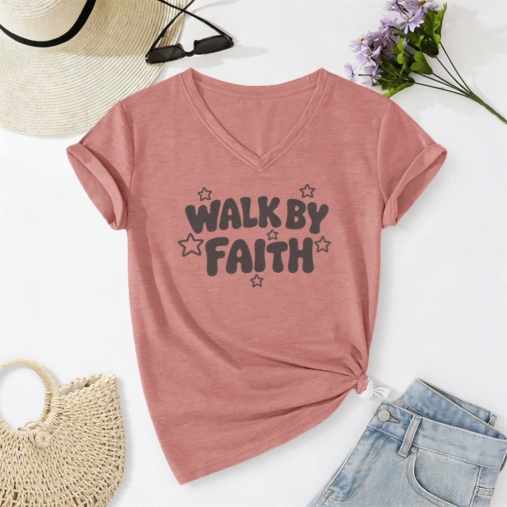 Christianartworkshop Walk By Faith Sternenprint Lässiges V-Ausschnitt-T-Shirt - Hellrosa - 2XL - image 10