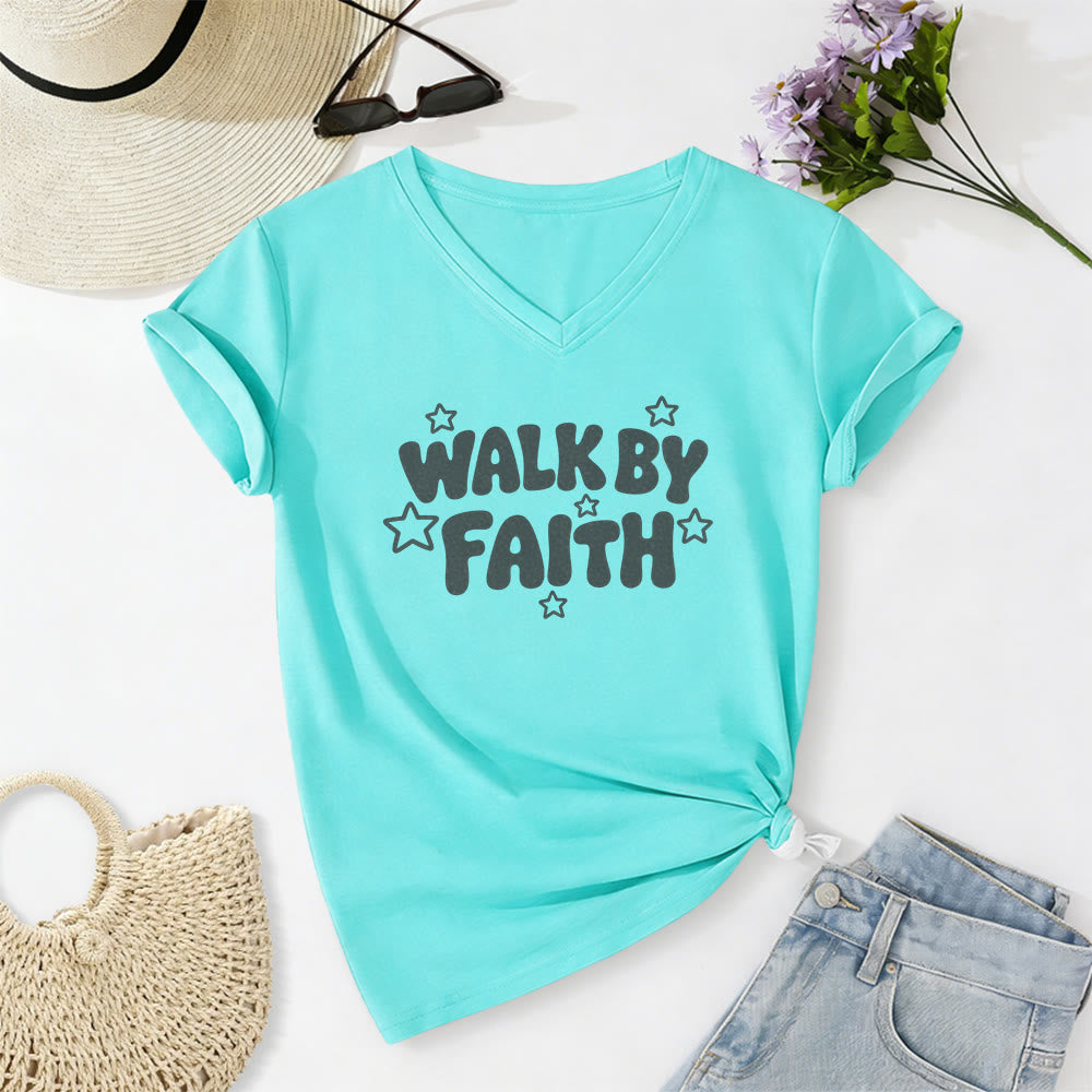 Christianartworkshop Walk By Faith Sternenprint Lässiges V-Ausschnitt-T-Shirt - Himmelblau - 2XL - image 8