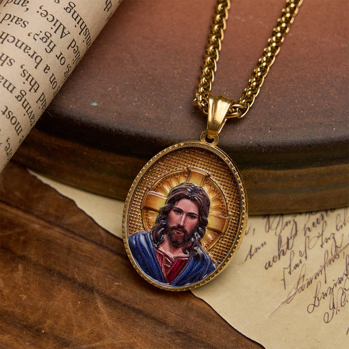 Christianartworkshop Elegante, emaillierte Halskette mit religiösem Porträt und Goldrahmen: Ein Symbol des Glaubens und des Schutzes - Jesus - image 6