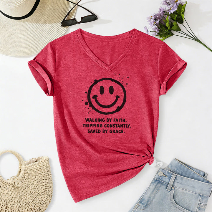 Christianartworkshop Lässiges T-Shirt mit V-Ausschnitt und Smiley-Print „Walking By Faith“ - Rot - 2XL - image 0
