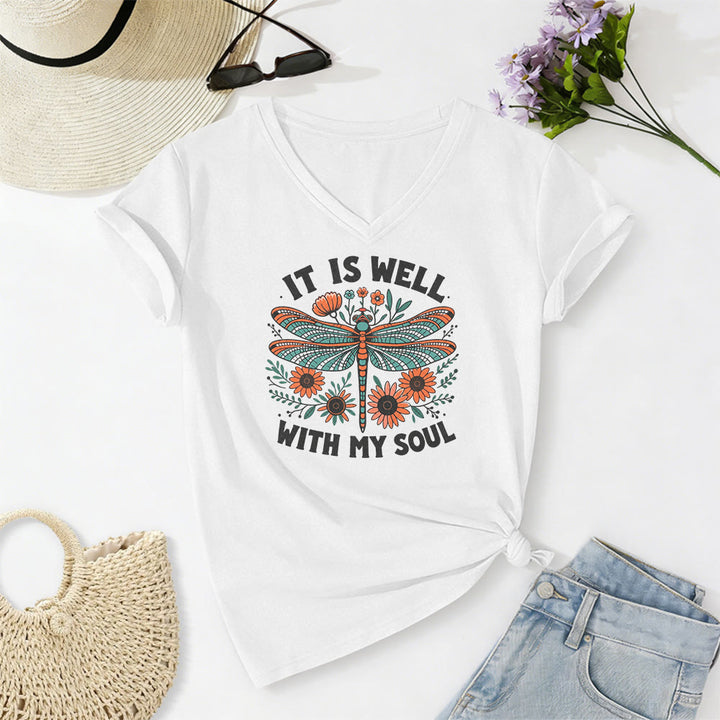 Christianartworkshop Lässiges T-Shirt mit Libellen- und Blumenmuster „It Is Well With My Soul“ und V-Ausschnitt - Weiß - 2XL - image 8
