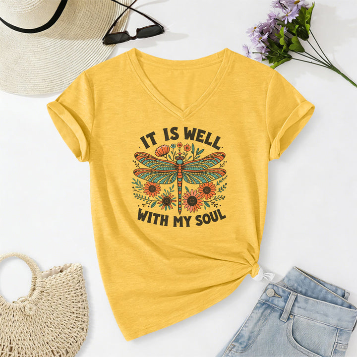 Christianartworkshop Lässiges T-Shirt mit Libellen- und Blumenmuster „It Is Well With My Soul“ und V-Ausschnitt - Gelb - 2XL - image 4