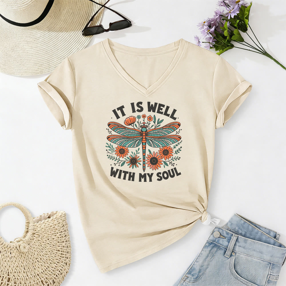 Christianartworkshop Lässiges T-Shirt mit Libellen- und Blumenmuster „It Is Well With My Soul“ und V-Ausschnitt - Beige - 2XL - image 2