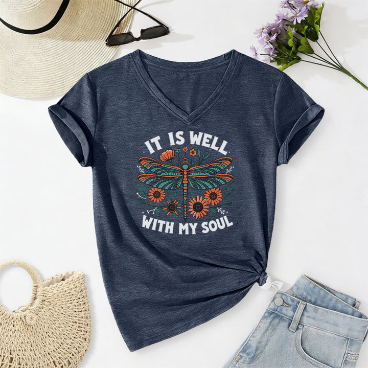 Christianartworkshop Lässiges T-Shirt mit Libellen- und Blumenmuster „It Is Well With My Soul“ und V-Ausschnitt - Marineblau - 2XL - image 18