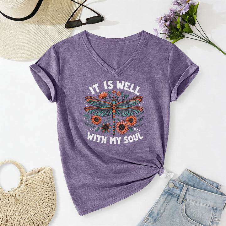 Christianartworkshop Lässiges T-Shirt mit Libellen- und Blumenmuster „It Is Well With My Soul“ und V-Ausschnitt - Lila - 2XL - image 16