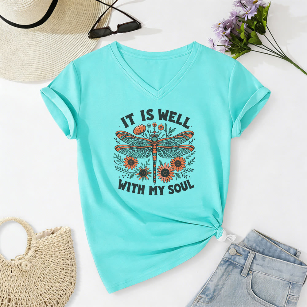 Christianartworkshop Lässiges T-Shirt mit Libellen- und Blumenmuster „It Is Well With My Soul“ und V-Ausschnitt - Himmelblau - 2XL - image 0