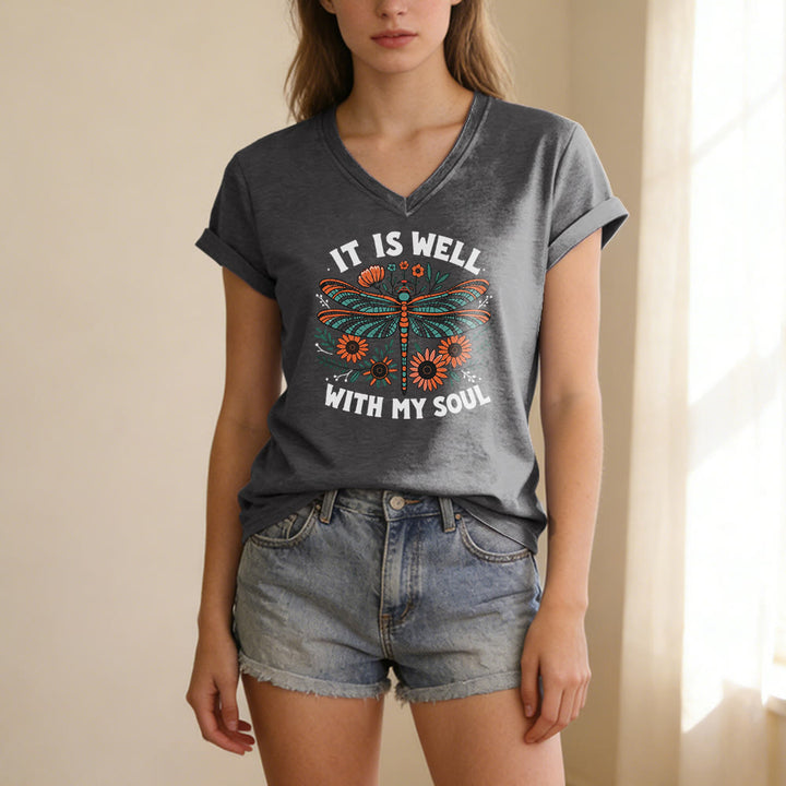 Christianartworkshop Lässiges T-Shirt mit Libellen- und Blumenmuster „It Is Well With My Soul“ und V-Ausschnitt - image 21