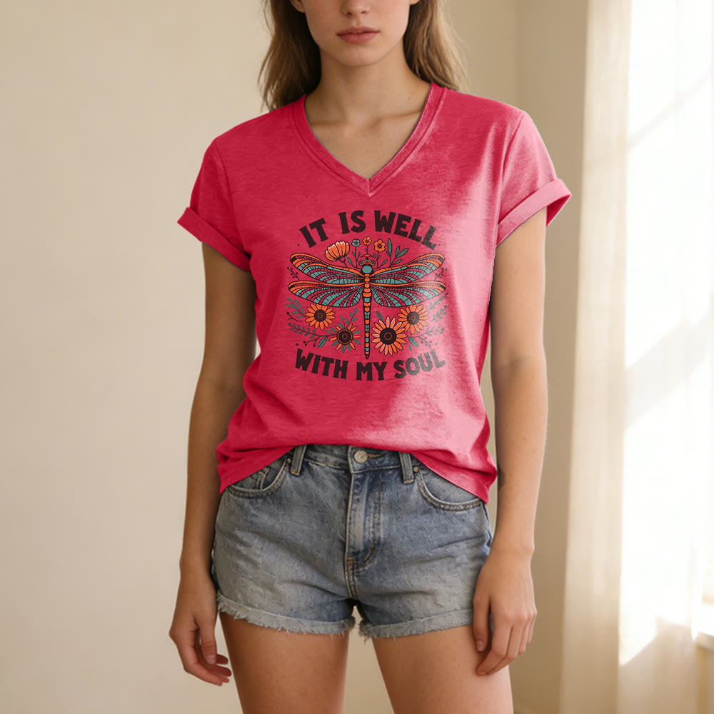Christianartworkshop Lässiges T-Shirt mit Libellen- und Blumenmuster „It Is Well With My Soul“ und V-Ausschnitt - image 23