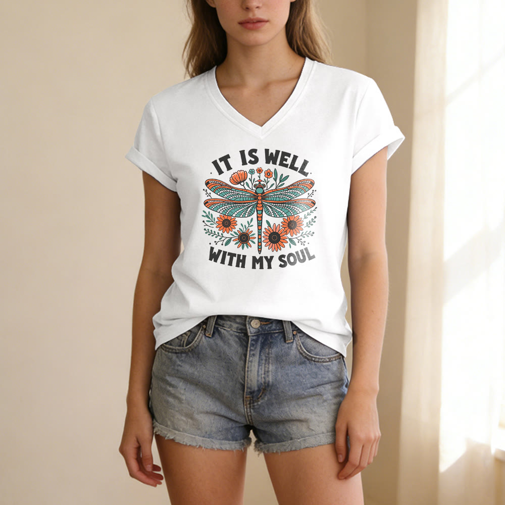 Christianartworkshop Lässiges T-Shirt mit Libellen- und Blumenmuster „It Is Well With My Soul“ und V-Ausschnitt - image 9