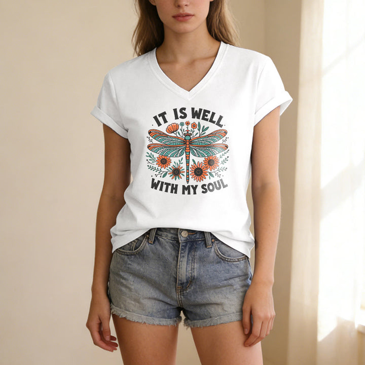 Christianartworkshop Lässiges T-Shirt mit Libellen- und Blumenmuster „It Is Well With My Soul“ und V-Ausschnitt - image 9