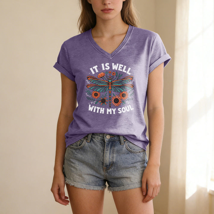 Christianartworkshop Lässiges T-Shirt mit Libellen- und Blumenmuster „It Is Well With My Soul“ und V-Ausschnitt - image 17