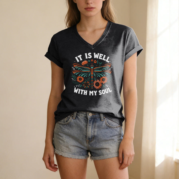 Christianartworkshop Lässiges T-Shirt mit Libellen- und Blumenmuster „It Is Well With My Soul“ und V-Ausschnitt - image 13