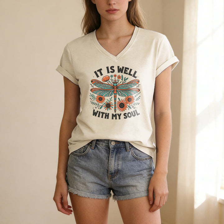 Christianartworkshop Lässiges T-Shirt mit Libellen- und Blumenmuster „It Is Well With My Soul“ und V-Ausschnitt - image 3