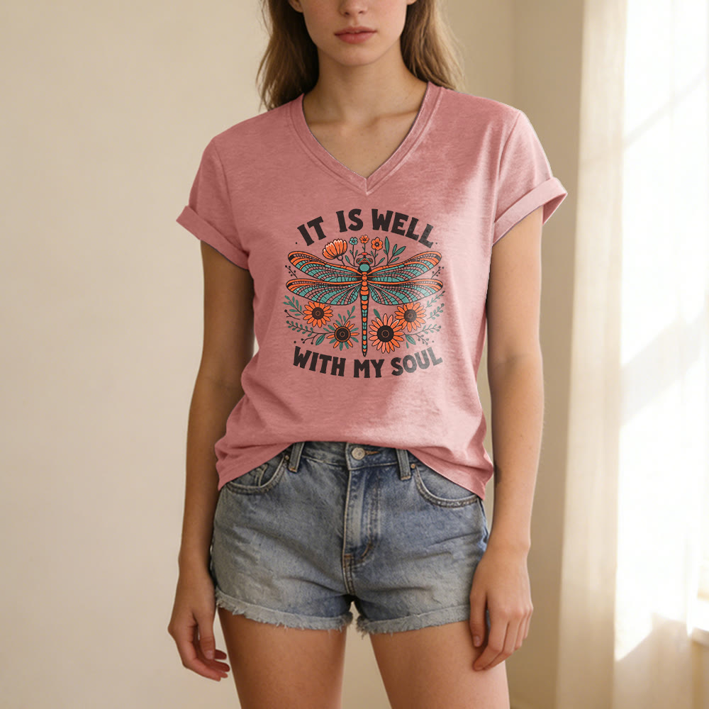 Christianartworkshop Lässiges T-Shirt mit Libellen- und Blumenmuster „It Is Well With My Soul“ und V-Ausschnitt - image 11