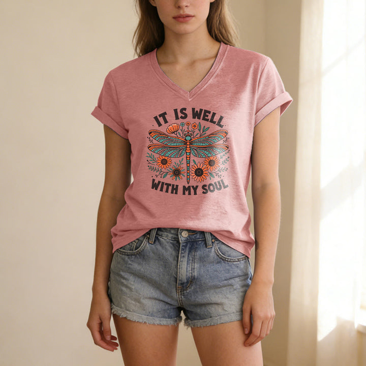 Christianartworkshop Lässiges T-Shirt mit Libellen- und Blumenmuster „It Is Well With My Soul“ und V-Ausschnitt - image 11