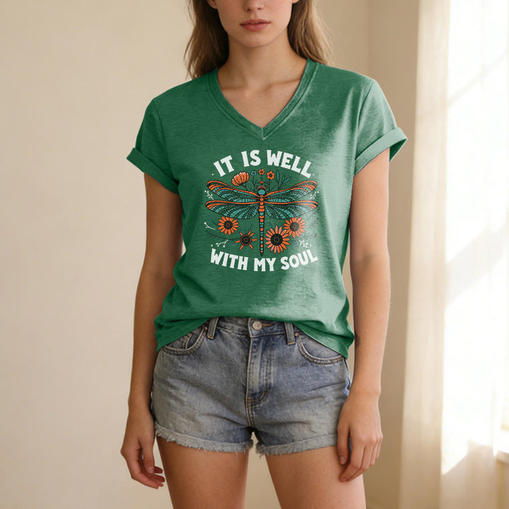 Christianartworkshop Lässiges T-Shirt mit Libellen- und Blumenmuster „It Is Well With My Soul“ und V-Ausschnitt - image 15