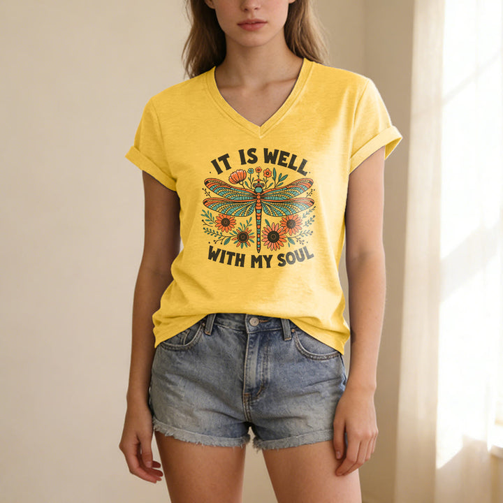 Christianartworkshop Lässiges T-Shirt mit Libellen- und Blumenmuster „It Is Well With My Soul“ und V-Ausschnitt - image 5