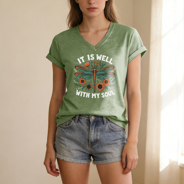 Christianartworkshop Lässiges T-Shirt mit Libellen- und Blumenmuster „It Is Well With My Soul“ und V-Ausschnitt - image 7