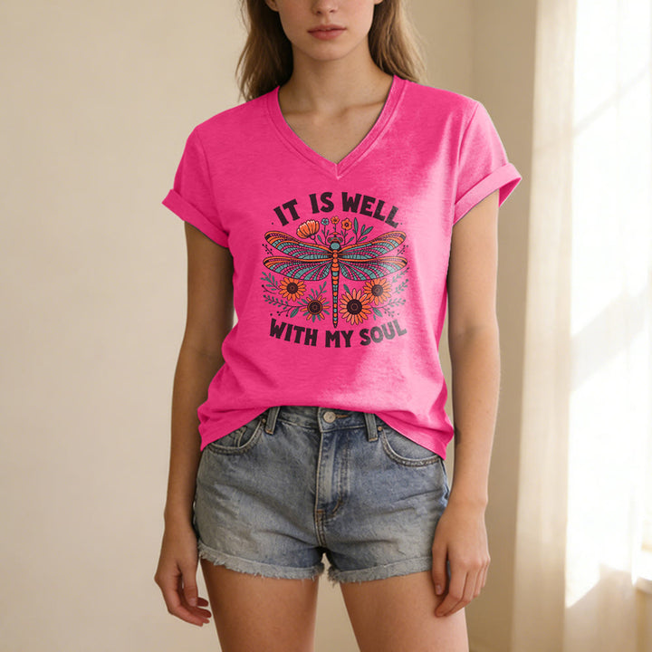 Christianartworkshop Lässiges T-Shirt mit Libellen- und Blumenmuster „It Is Well With My Soul“ und V-Ausschnitt - image 25