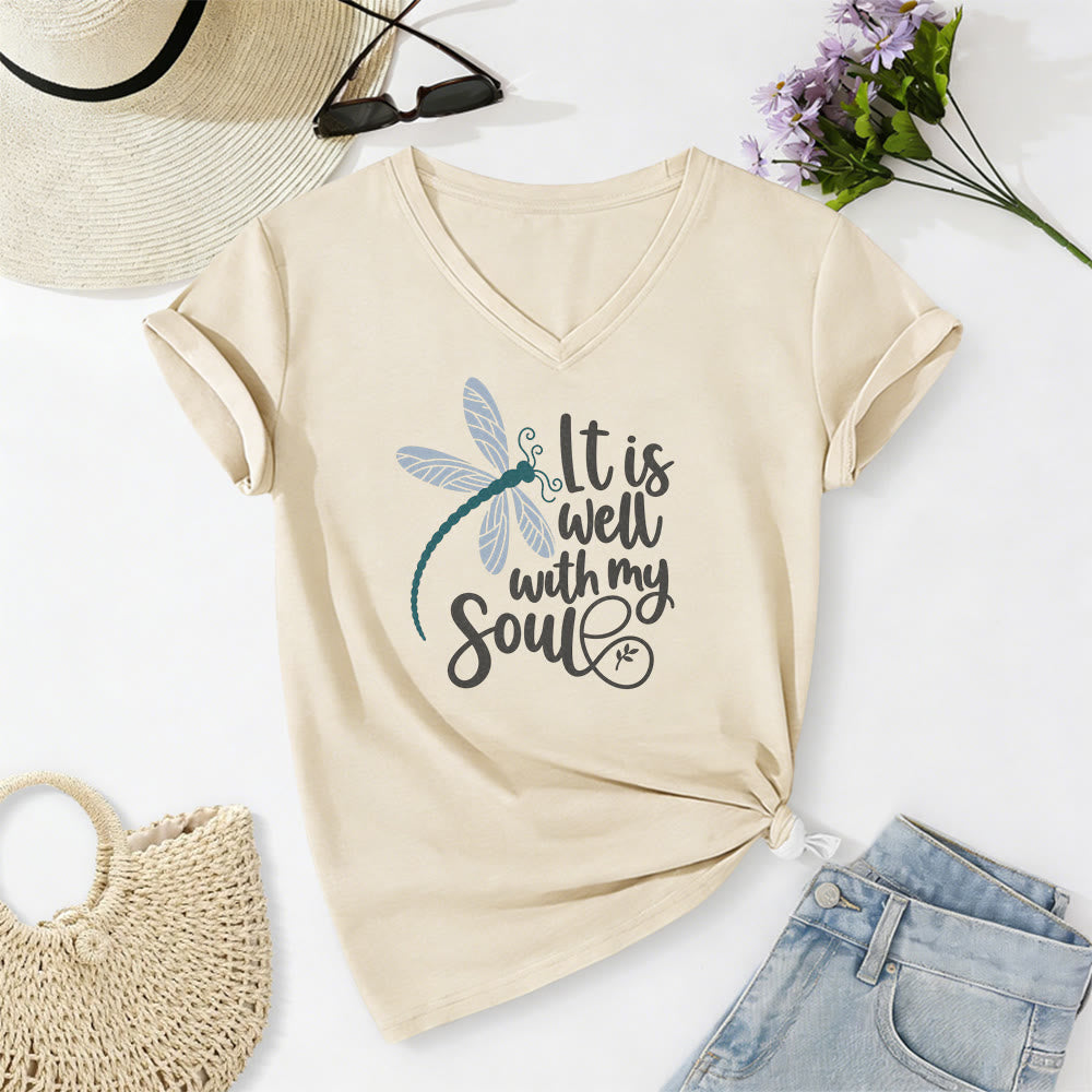 Christianartworkshop Lässiges T-Shirt mit Libellen-Kalligrafie-Print und V-Ausschnitt - Beige - 2XL - image 2