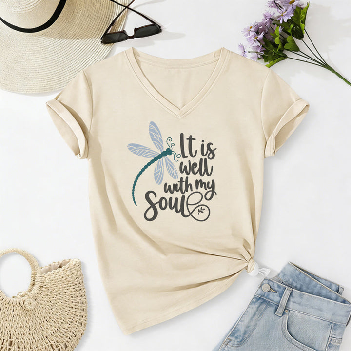 Christianartworkshop Lässiges T-Shirt mit Libellen-Kalligrafie-Print und V-Ausschnitt - Beige - 2XL - image 2