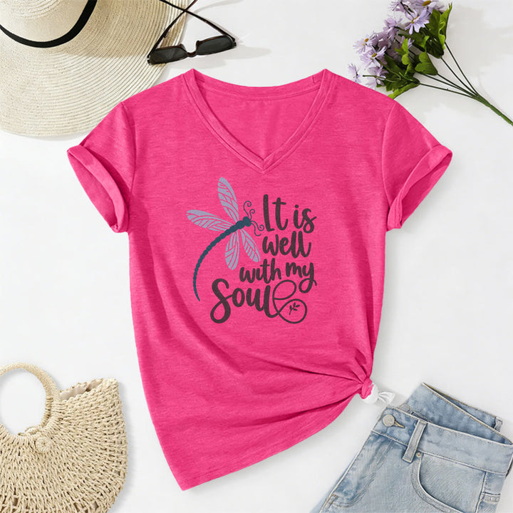 Christianartworkshop Lässiges T-Shirt mit Libellen-Kalligrafie-Print und V-Ausschnitt - Rose - 2XL - image 24