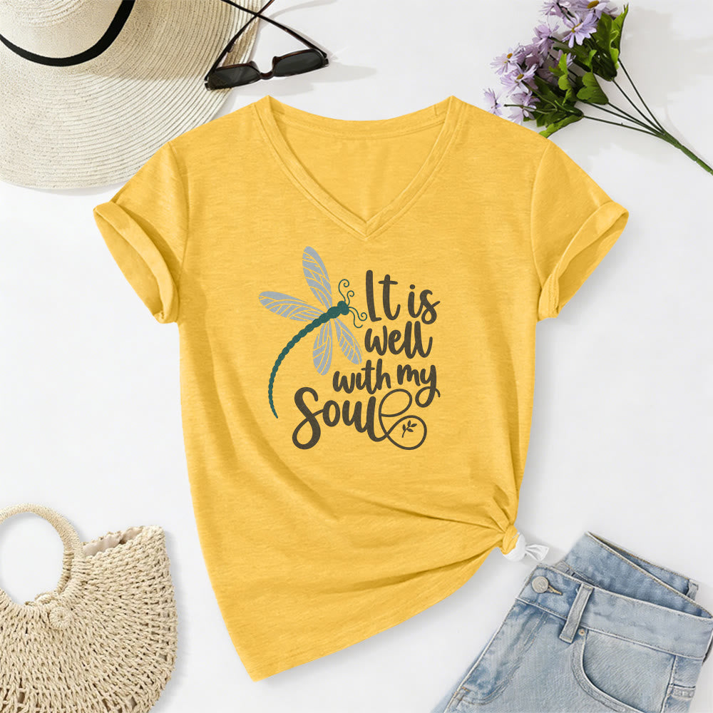 Christianartworkshop Lässiges T-Shirt mit Libellen-Kalligrafie-Print und V-Ausschnitt - Gelb - 2XL - image 0