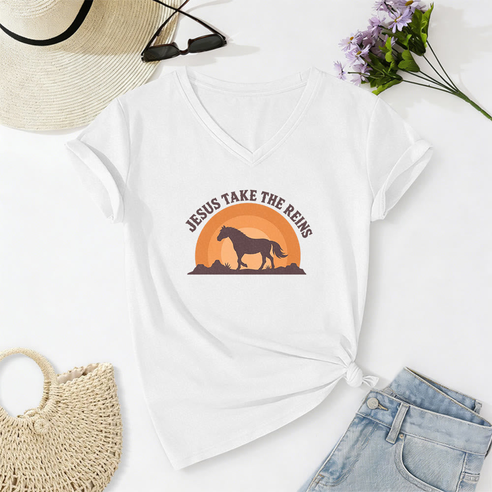 Christianartworkshop Lässiges T-Shirt mit V-Ausschnitt und Pferde-Sonnenuntergangsprint „Jesus Take The Reins“ - Weiß - 2XL - image 8