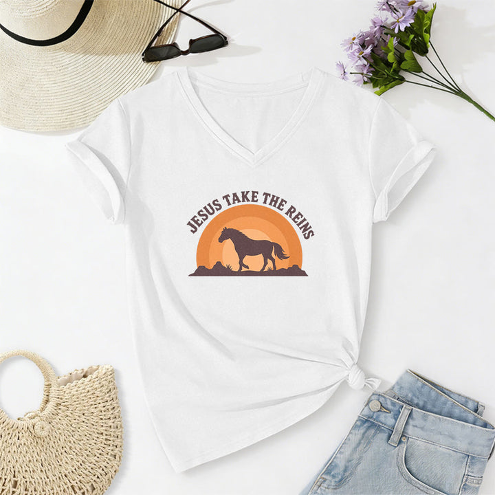 Christianartworkshop Lässiges T-Shirt mit V-Ausschnitt und Pferde-Sonnenuntergangsprint „Jesus Take The Reins“ - Weiß - 2XL - image 8