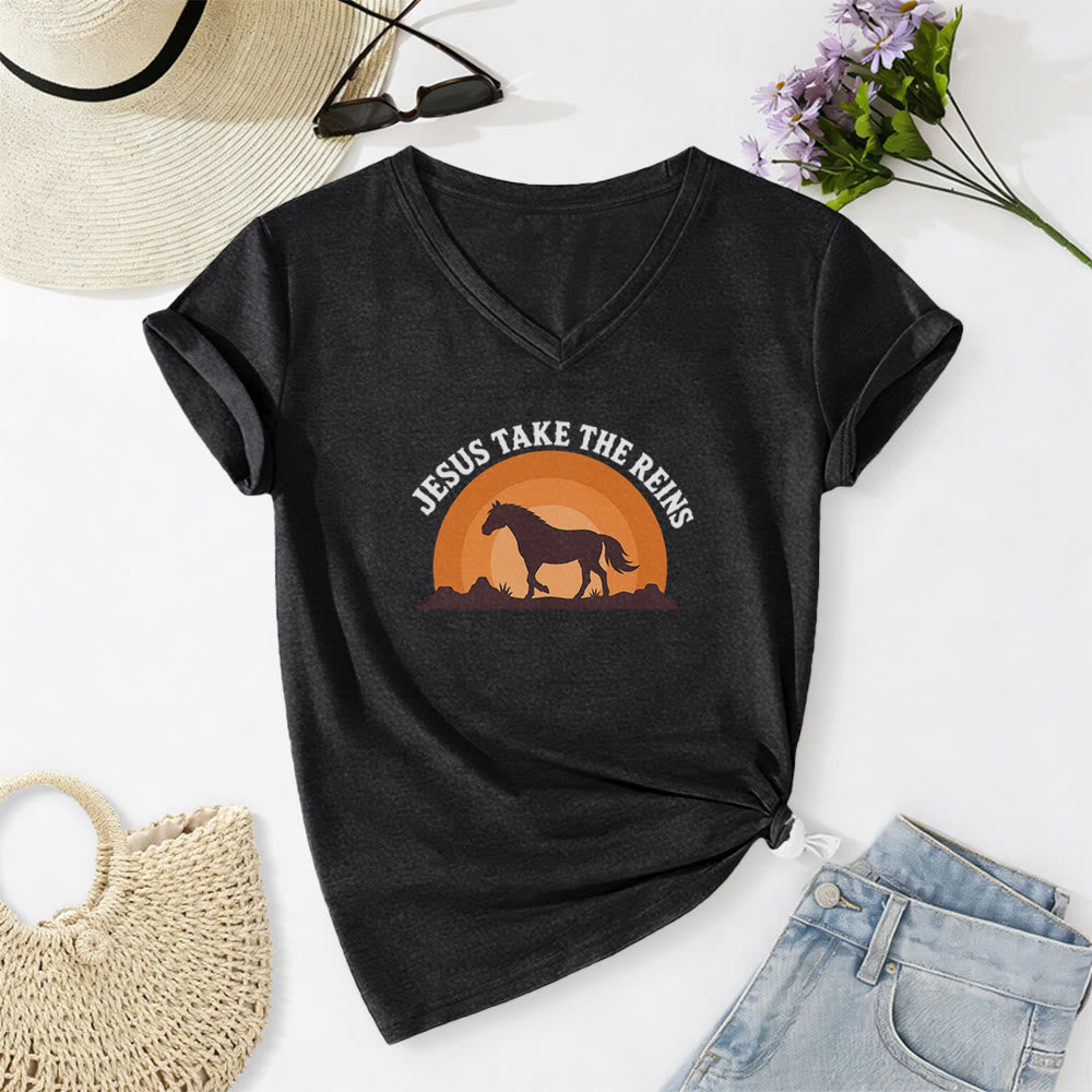 Christianartworkshop Lässiges T-Shirt mit V-Ausschnitt und Pferde-Sonnenuntergangsprint „Jesus Take The Reins“ - Schwarz - 2XL - image 14