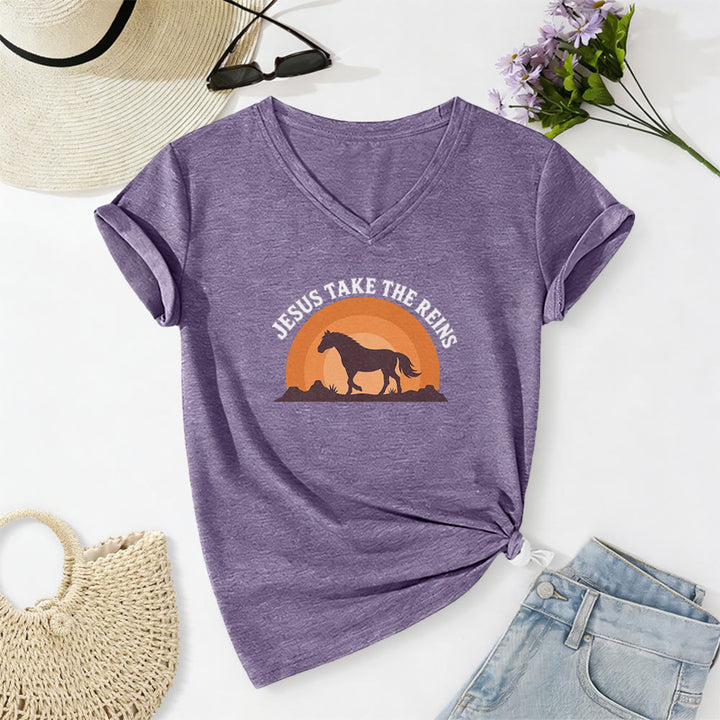Christianartworkshop Lässiges T-Shirt mit V-Ausschnitt und Pferde-Sonnenuntergangsprint „Jesus Take The Reins“ - Lila - 2XL - image 18