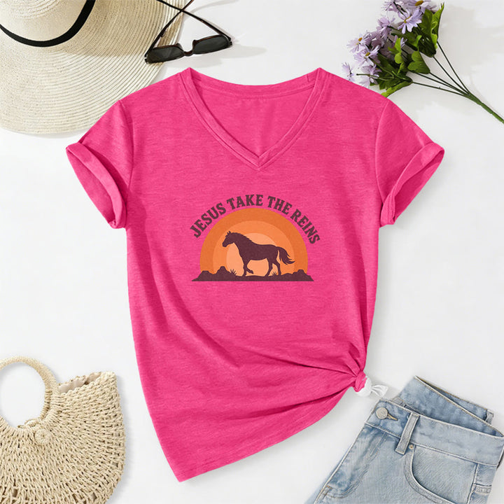 Christianartworkshop Lässiges T-Shirt mit V-Ausschnitt und Pferde-Sonnenuntergangsprint „Jesus Take The Reins“ - Rose - 2XL - image 24