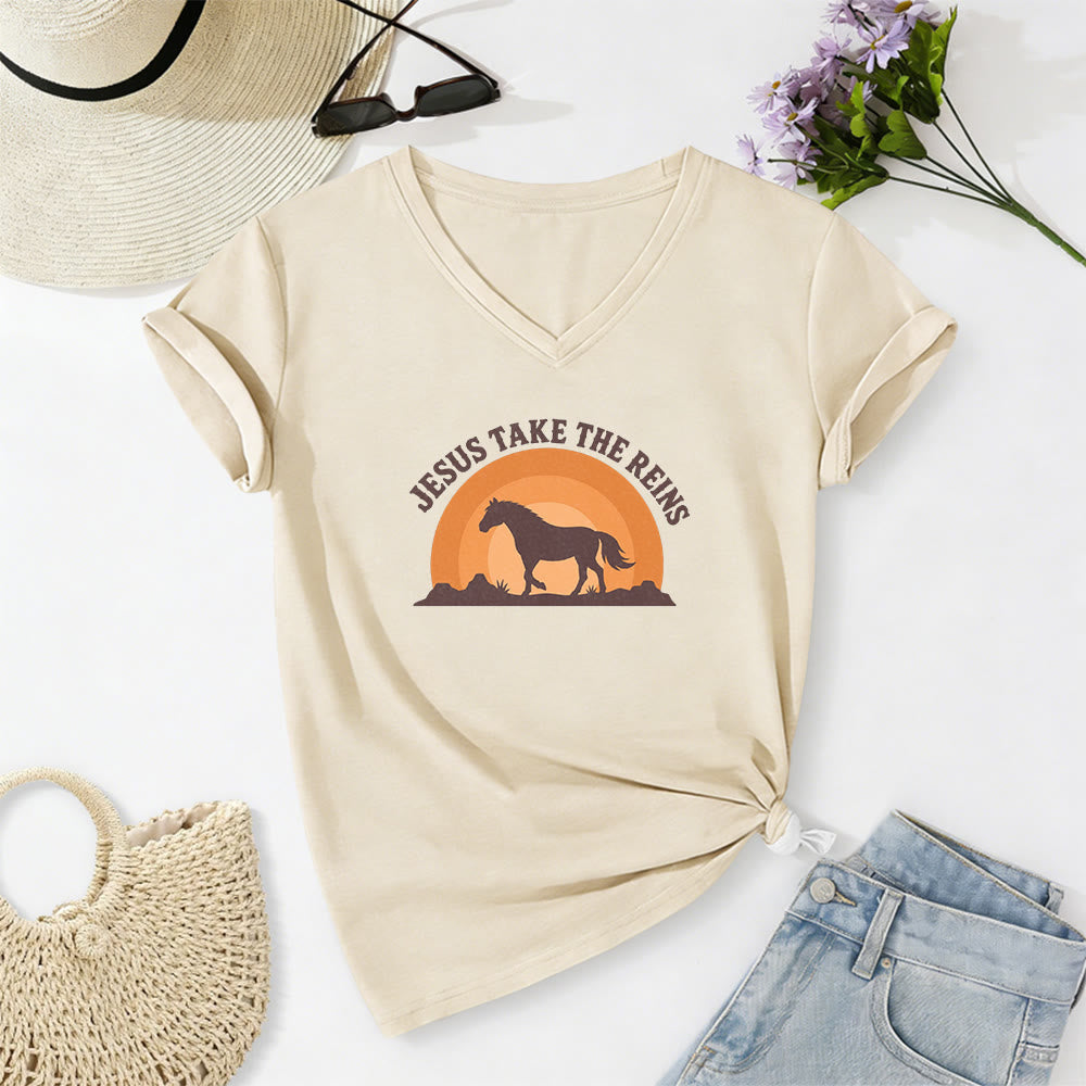Christianartworkshop Lässiges T-Shirt mit V-Ausschnitt und Pferde-Sonnenuntergangsprint „Jesus Take The Reins“ - Beige - 2XL - image 2