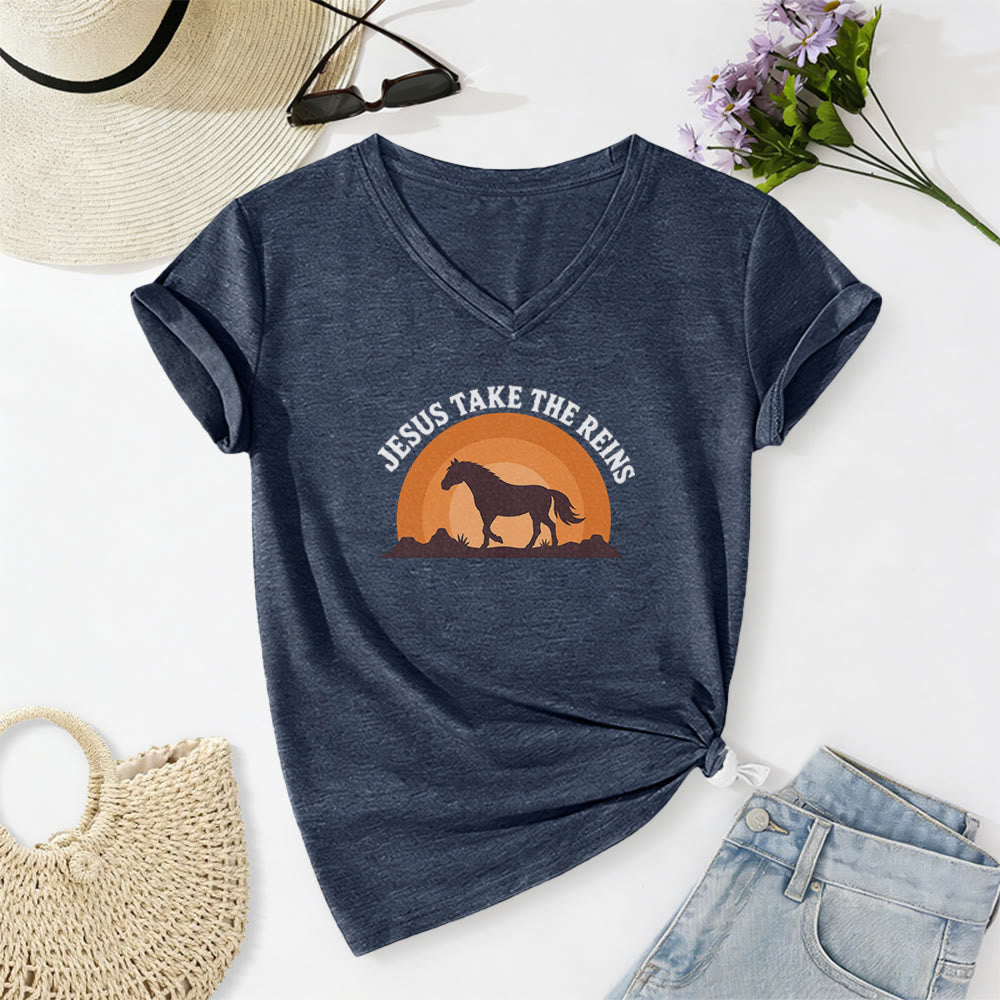 Christianartworkshop Lässiges T-Shirt mit V-Ausschnitt und Pferde-Sonnenuntergangsprint „Jesus Take The Reins“ - Marineblau - 2XL - image 20