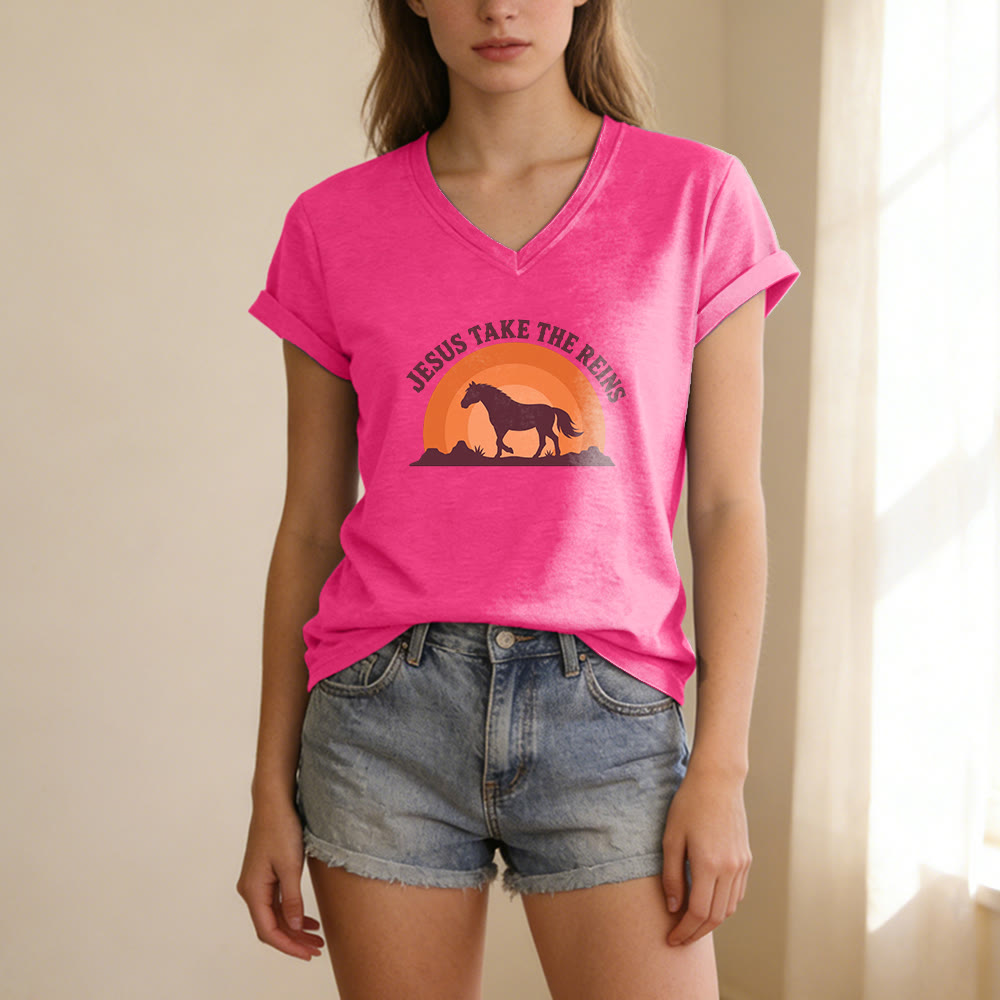 Christianartworkshop Lässiges T-Shirt mit V-Ausschnitt und Pferde-Sonnenuntergangsprint „Jesus Take The Reins“ - image 25