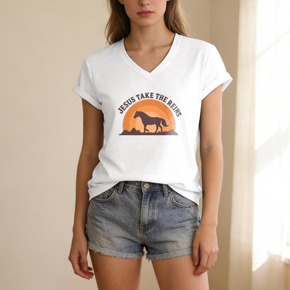 Christianartworkshop Lässiges T-Shirt mit V-Ausschnitt und Pferde-Sonnenuntergangsprint „Jesus Take The Reins“ - image 9