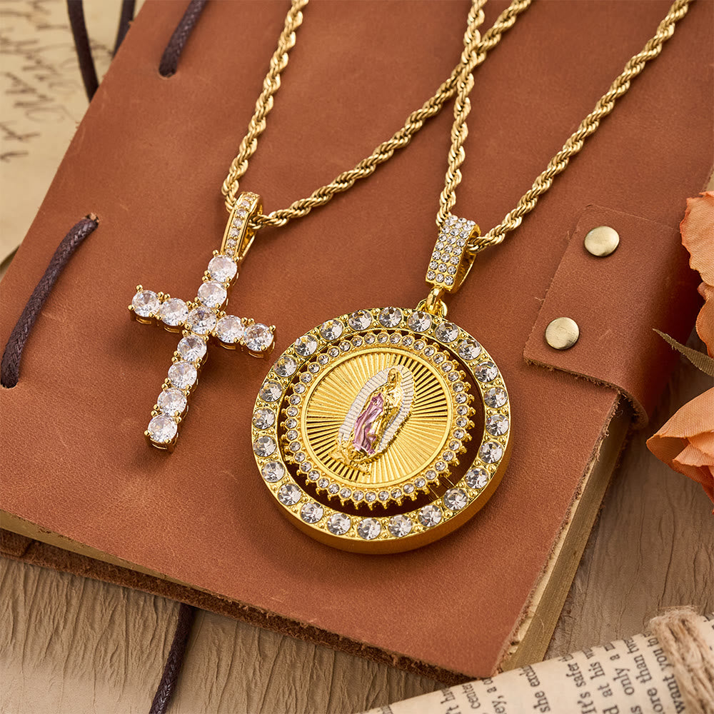 Christianartworkshop: Drehbare Medaillon-Halskette Unserer Lieben Frau von Guadalupe mit doppeltem Zirkon-Halo: Eine Erinnerung an die göttliche Gnade - image 2