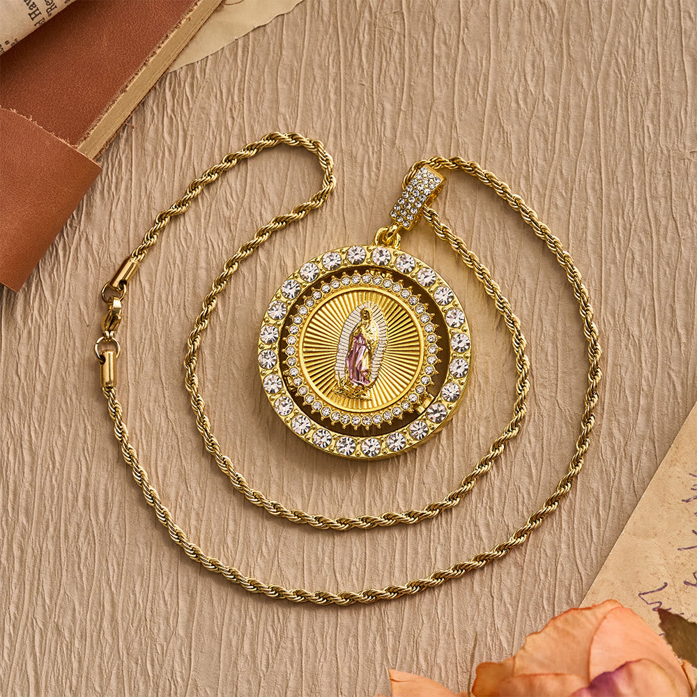 Christianartworkshop: Drehbare Medaillon-Halskette Unserer Lieben Frau von Guadalupe mit doppeltem Zirkon-Halo: Eine Erinnerung an die göttliche Gnade - image 5