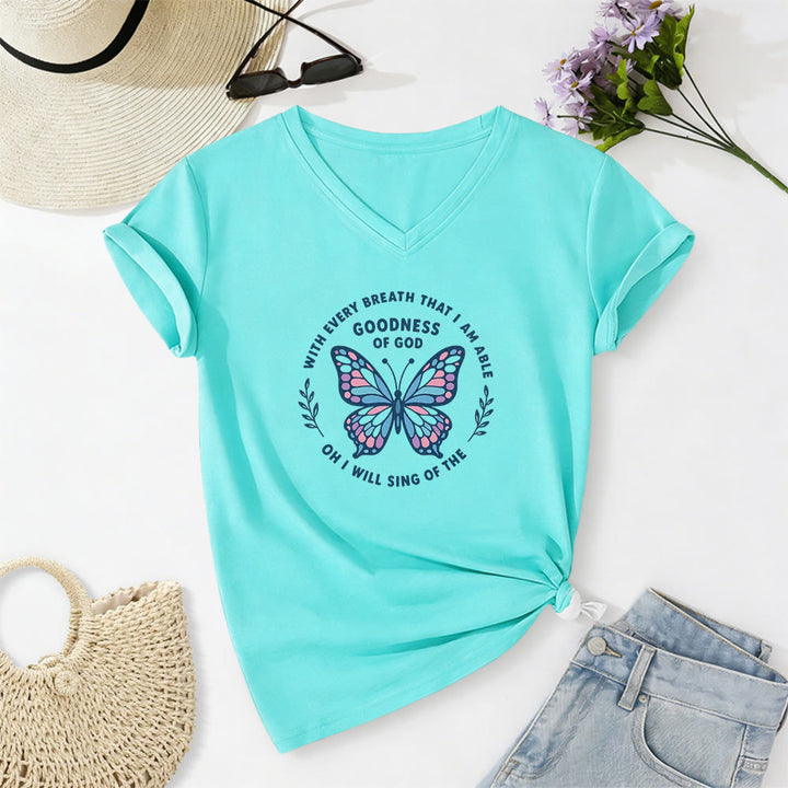 Christianartworkshop Besinge die Güte Gottes – Lässiges T-Shirt mit Schmetterlingsprint und V-Ausschnitt - Himmelblau - 2XL - image 10