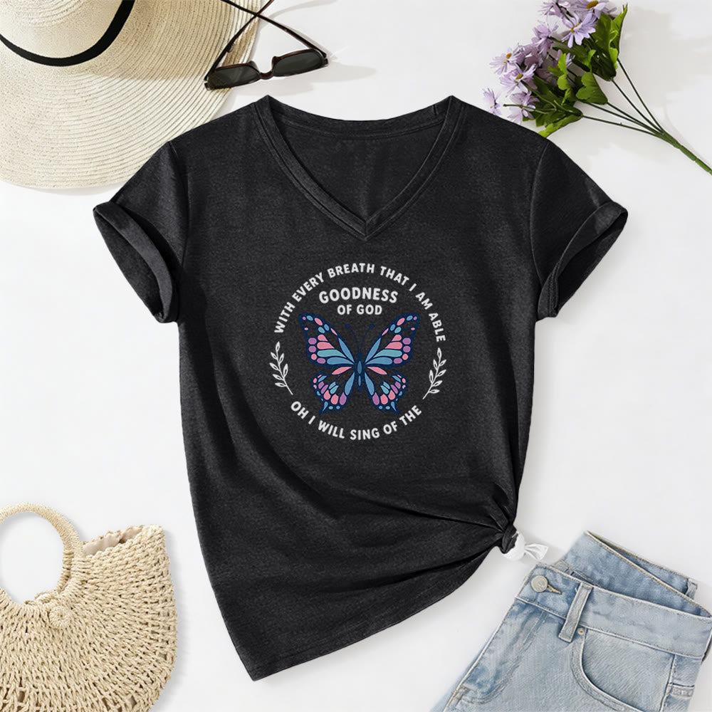 Christianartworkshop Besinge die Güte Gottes – Lässiges T-Shirt mit Schmetterlingsprint und V-Ausschnitt - Schwarz - 2XL - image 14