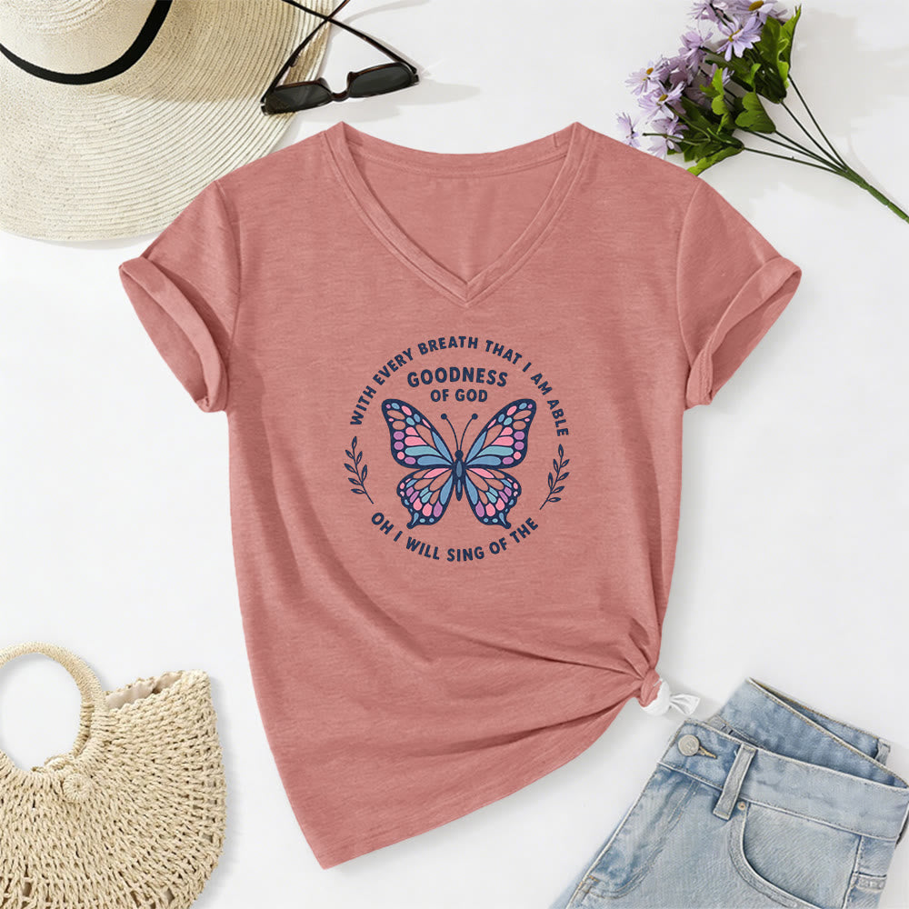 Christianartworkshop Besinge die Güte Gottes – Lässiges T-Shirt mit Schmetterlingsprint und V-Ausschnitt - Hellrosa - 2XL - image 12