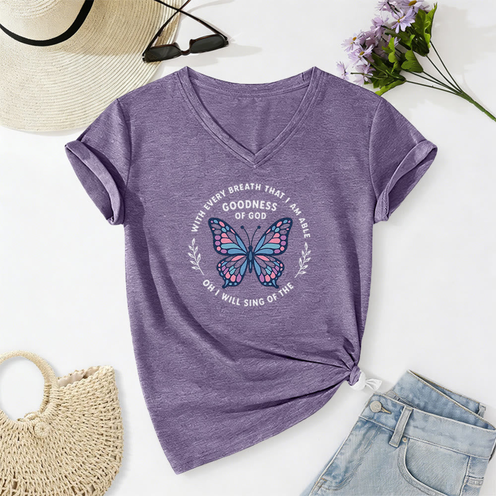 Christianartworkshop Besinge die Güte Gottes – Lässiges T-Shirt mit Schmetterlingsprint und V-Ausschnitt - Lila - 2XL - image 0