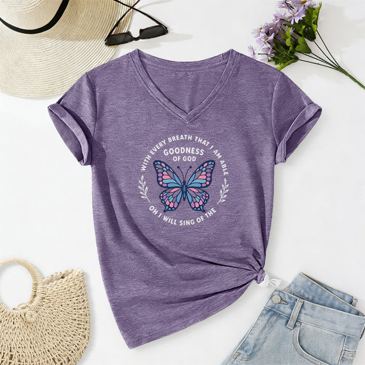 Christianartworkshop Besinge die Güte Gottes – Lässiges T-Shirt mit Schmetterlingsprint und V-Ausschnitt - Lila - 2XL - image 0