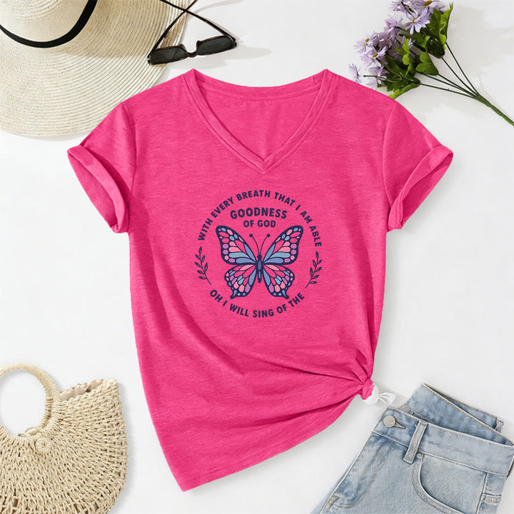 Christianartworkshop Besinge die Güte Gottes – Lässiges T-Shirt mit Schmetterlingsprint und V-Ausschnitt - Rose - 2XL - image 24
