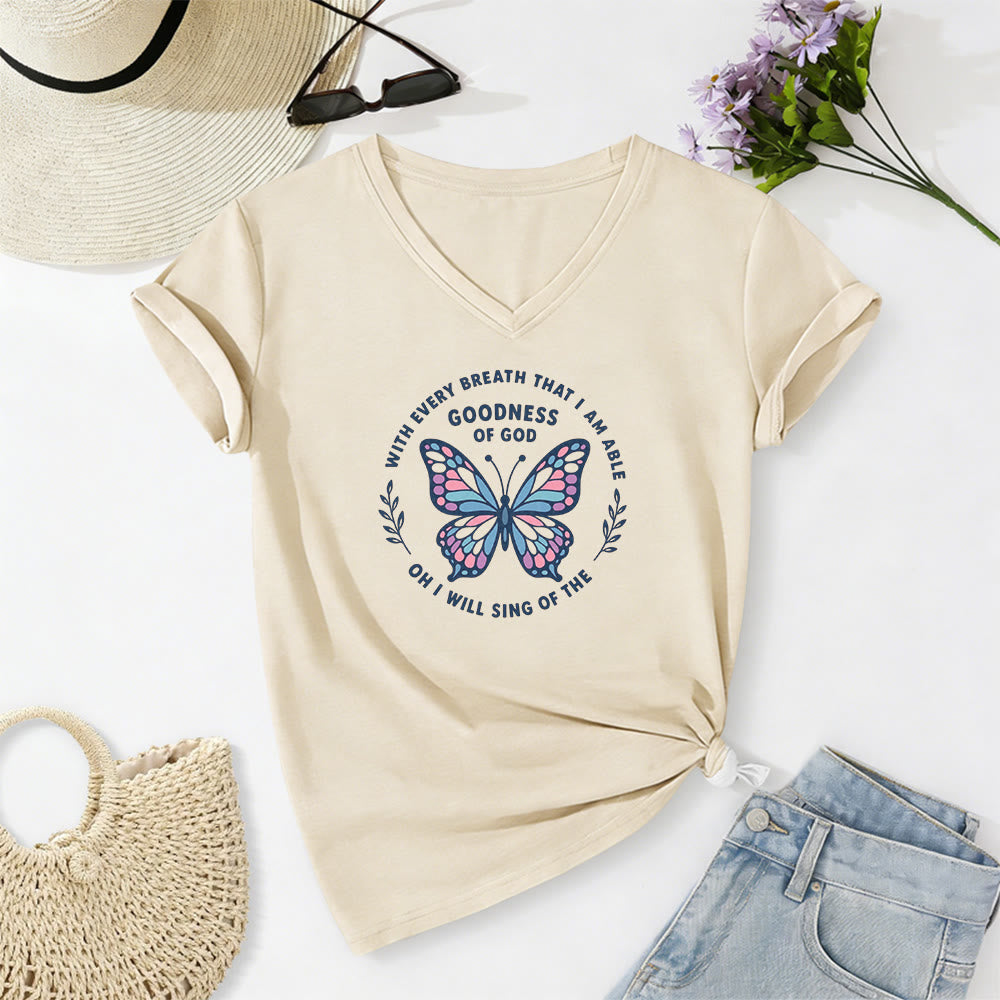 Christianartworkshop Besinge die Güte Gottes – Lässiges T-Shirt mit Schmetterlingsprint und V-Ausschnitt - Beige - 2XL - image 2