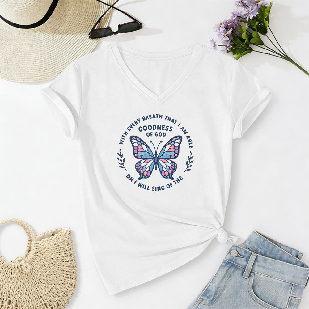 Christianartworkshop Besinge die Güte Gottes – Lässiges T-Shirt mit Schmetterlingsprint und V-Ausschnitt - Weiß - 2XL - image 8